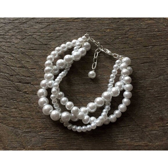 Braided Pearl Bracelet, Multi Strand Statement Bracelet on Silver - Picture 2 of 10